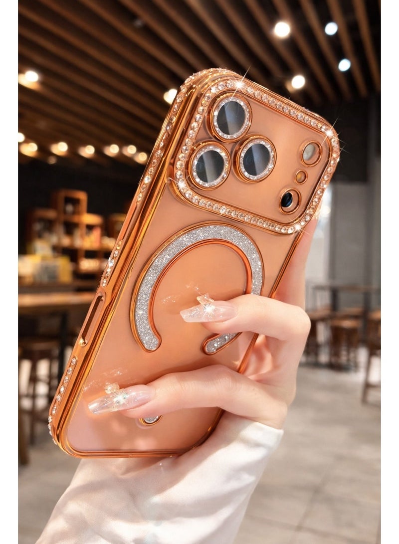 جراب فاخر مرصع بالألماس لهاتف iPhone 17 Pro Max - غطاء شفاف لامع بتصميم أنيق مع حلقة مغناطيسية، يدعم الشحن اللاسلكي، حماية للكاميرا، وتصميم نحيف. - Image 1